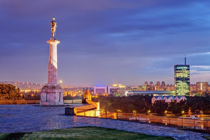 Belgrade at dusk from the Kalemegdan bluff, above the meeting of the Sava and the Danube